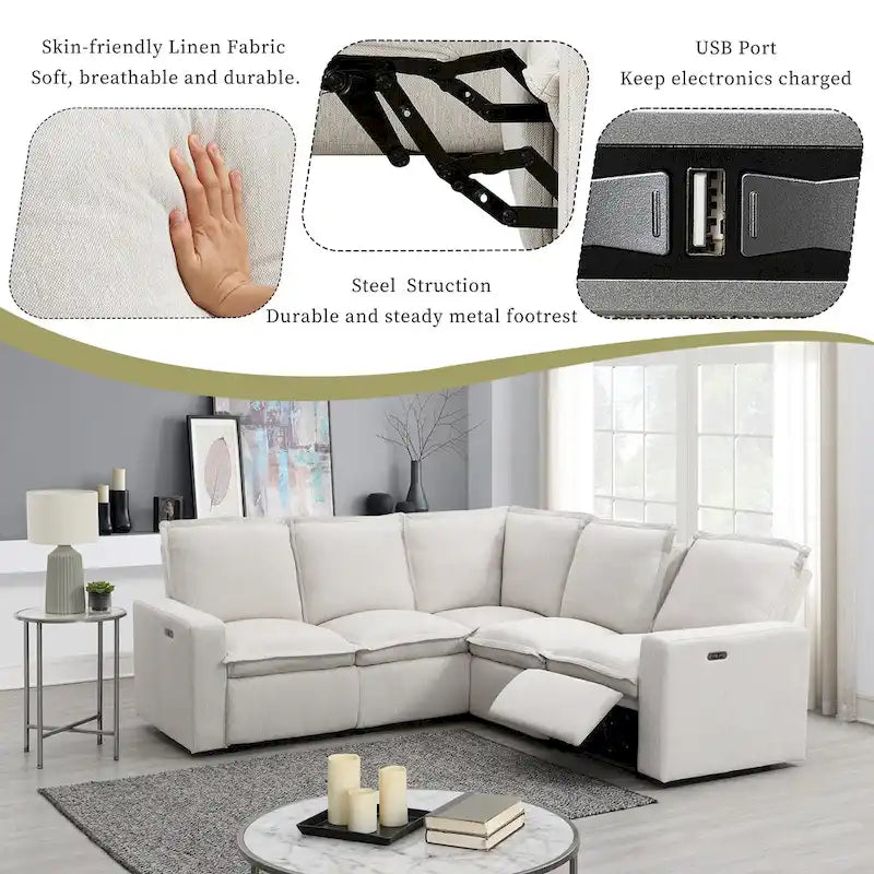 Canapé d'angle en L recouvert de lin avec 2 fauteuils inclinables électriques et port USB pour salon