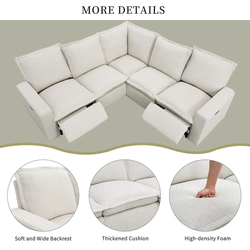 Canapé d'angle en L recouvert de lin avec 2 fauteuils inclinables électriques et port USB pour salon