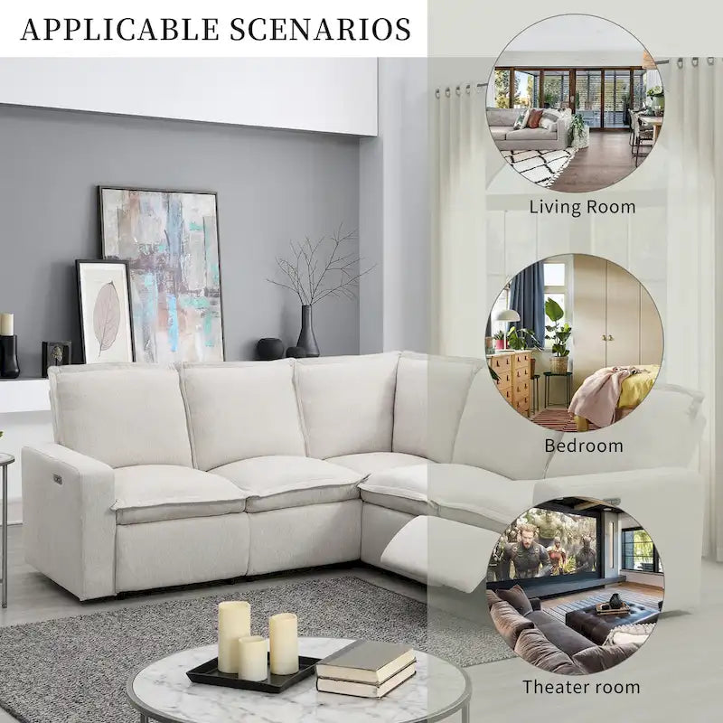 Canapé d'angle en L recouvert de lin avec 2 fauteuils inclinables électriques et port USB pour salon