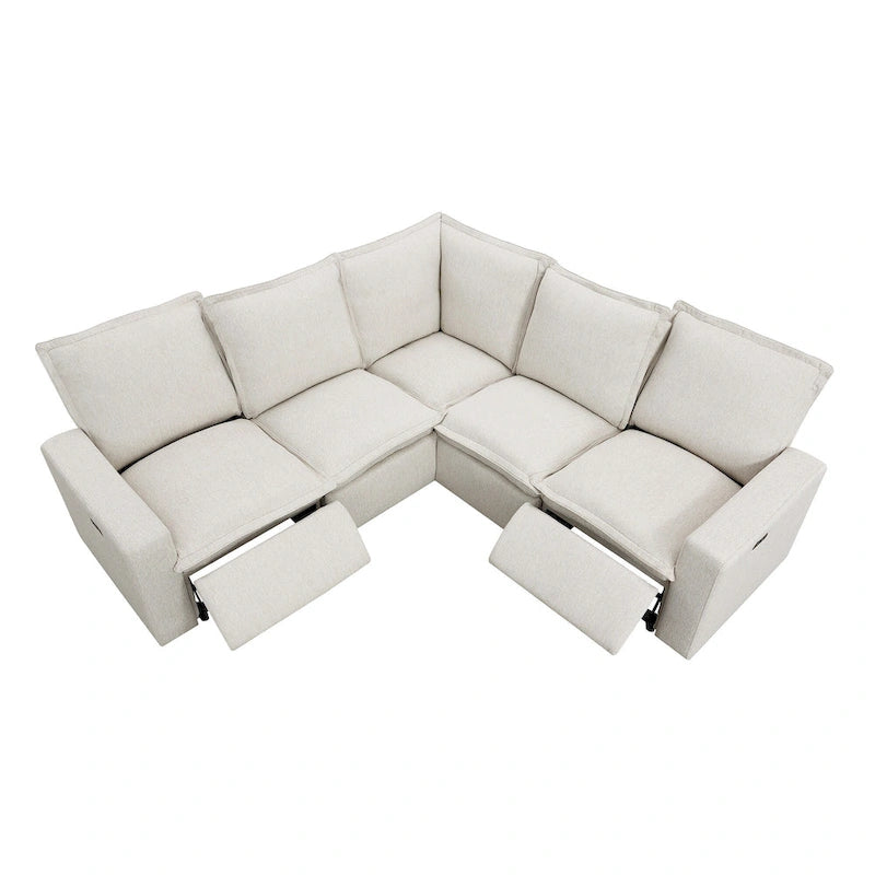 Canapé d'angle en L recouvert de lin avec 2 fauteuils inclinables électriques et port USB pour salon