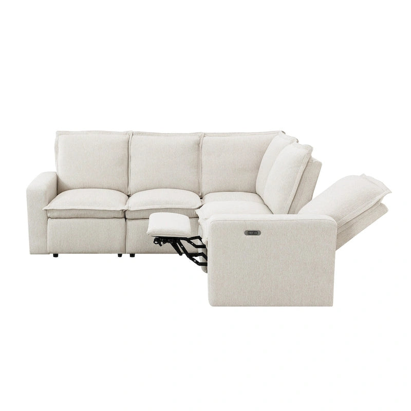 Canapé d'angle en L recouvert de lin avec 2 fauteuils inclinables électriques et port USB pour salon
