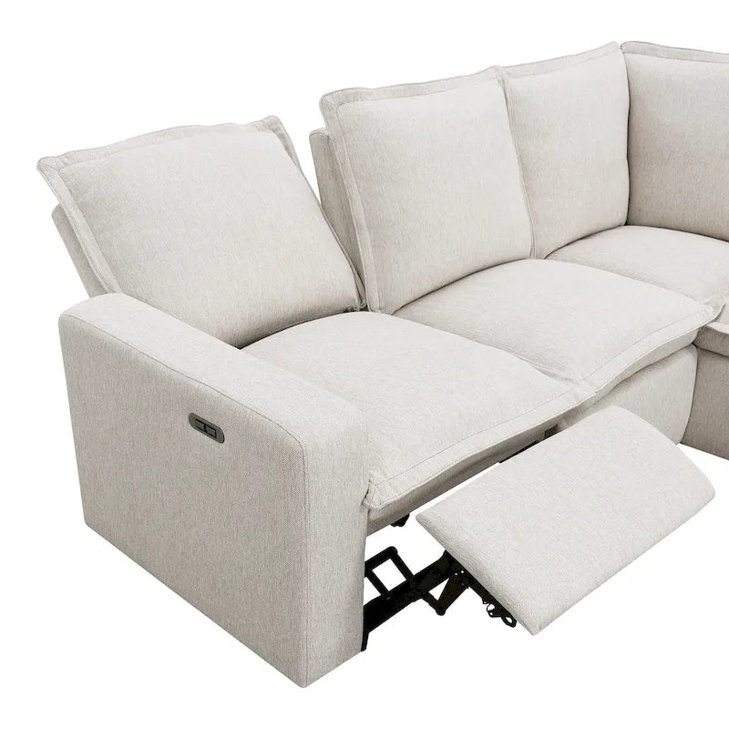 Canapé d'angle en L recouvert de lin avec 2 fauteuils inclinables électriques et port USB pour salon