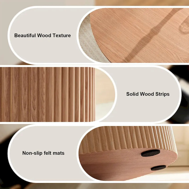 Table d'appoint ronde cannelée de 45 cm (17,71 pouces) en chêne, petite table d'appoint pour salon, style milieu du siècle, table de chevet pour chambre.