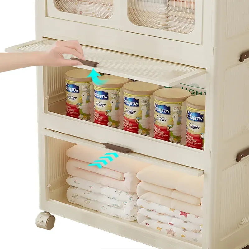 Armoire de rangement portable avec 4 compartiments, 10 cintres et portes magnétiques.