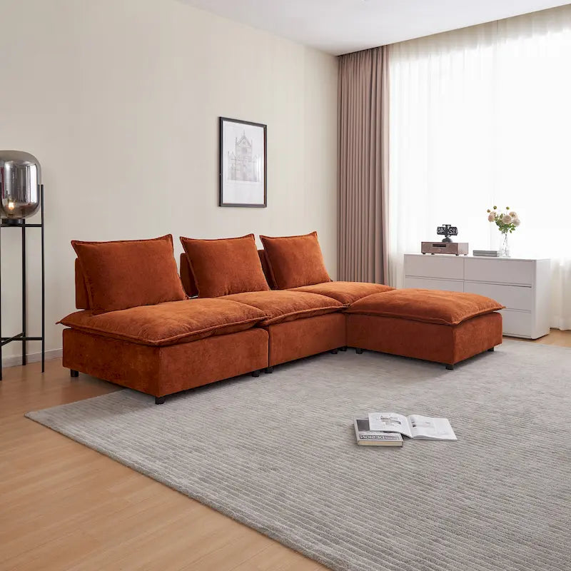 Canapé d'angle modulaire sans accoudoirs, revêtement chenille, combinaison libre