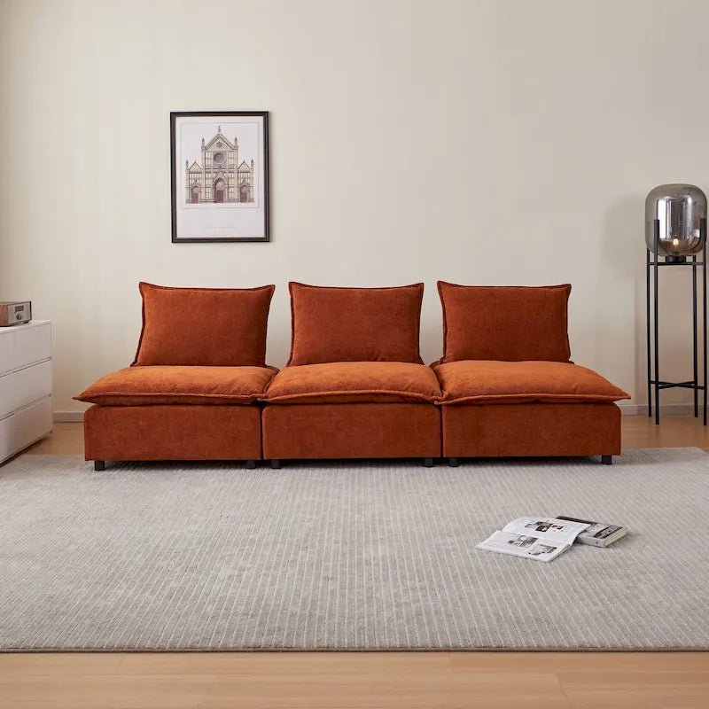 Canapé d'angle modulaire sans accoudoirs, revêtement chenille, combinaison libre