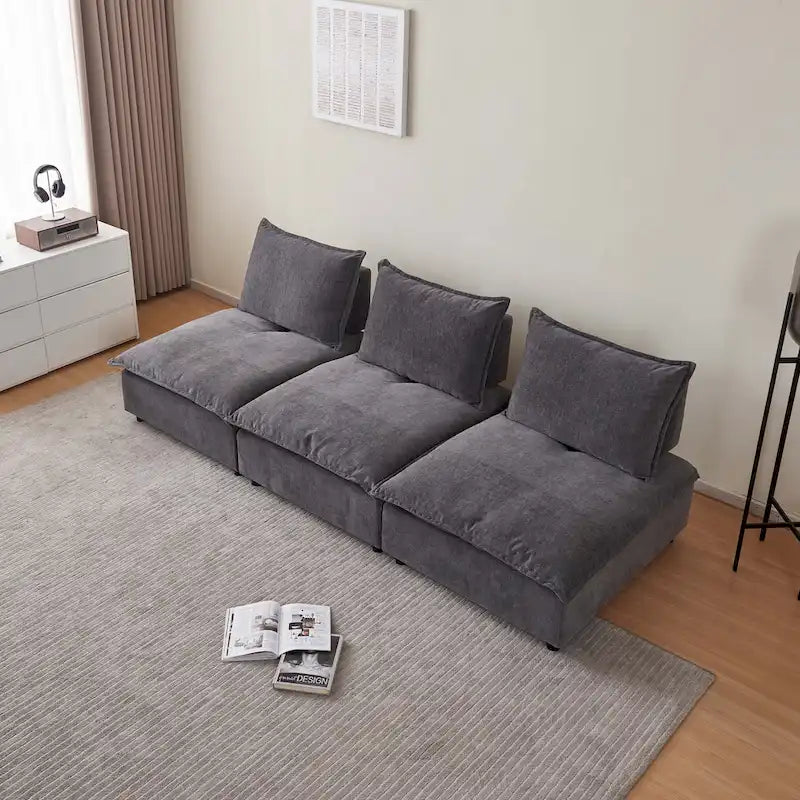 Canapé d'angle modulaire sans accoudoirs, revêtement chenille, combinaison libre