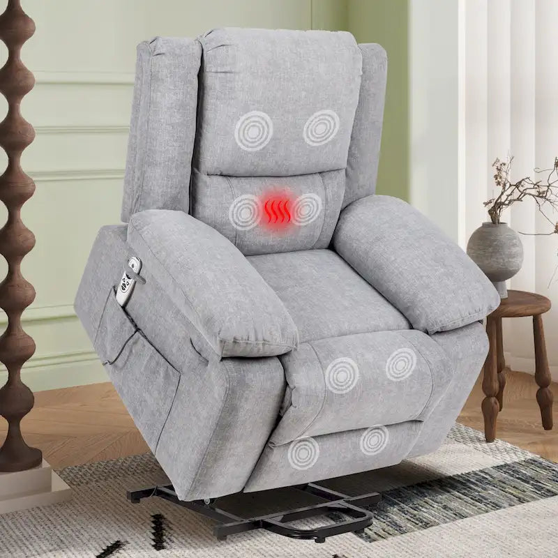 Fauteuil releveur électrique en velours gris clair avec points de massage, chauffage lombaire et poche de rangement