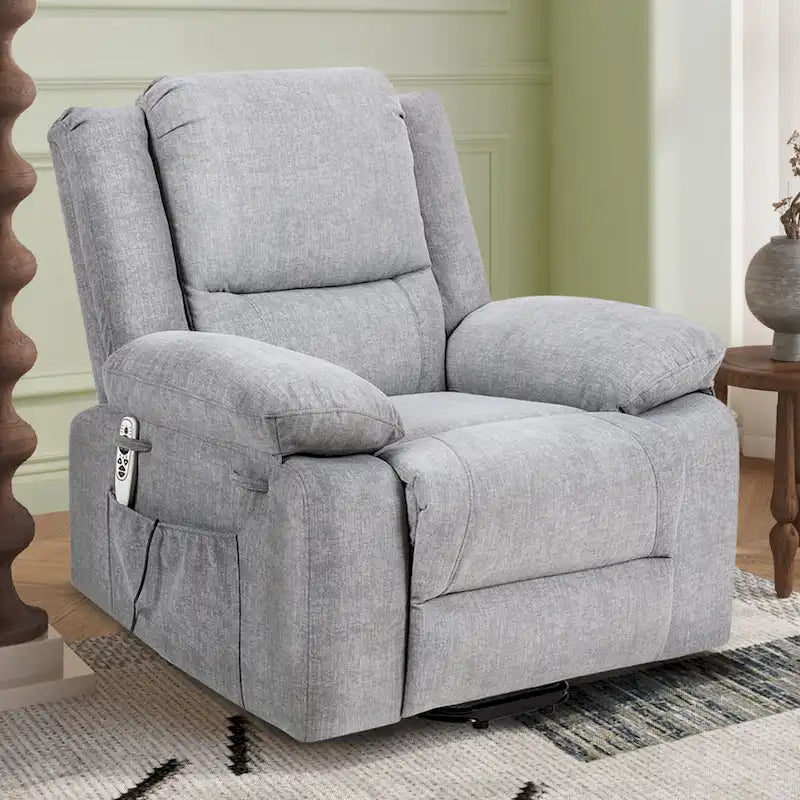 Fauteuil releveur électrique en velours gris clair avec points de massage, chauffage lombaire et poche de rangement