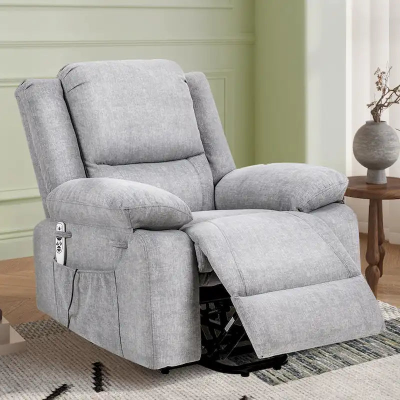Fauteuil releveur électrique en velours gris clair avec points de massage, chauffage lombaire et poche de rangement