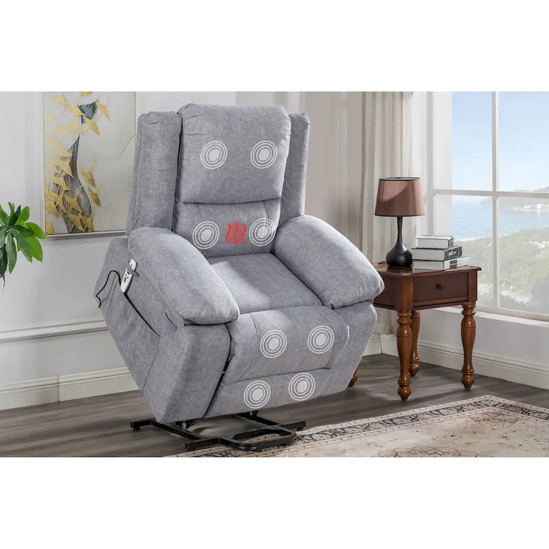 Fauteuil releveur électrique en velours gris clair avec points de massage, chauffage lombaire et poche de rangement