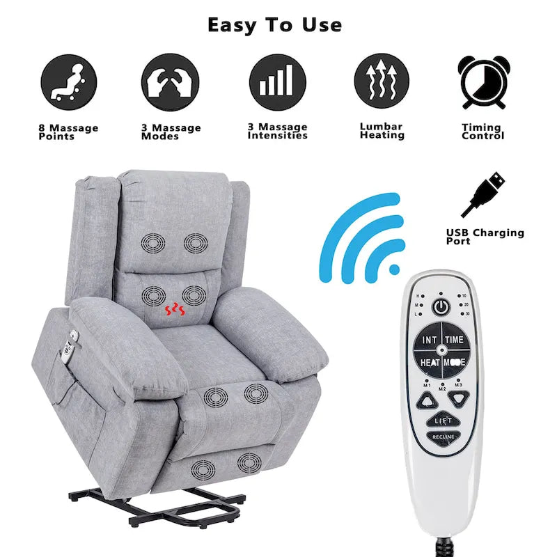 Fauteuil releveur électrique en velours gris clair avec points de massage, chauffage lombaire et poche de rangement