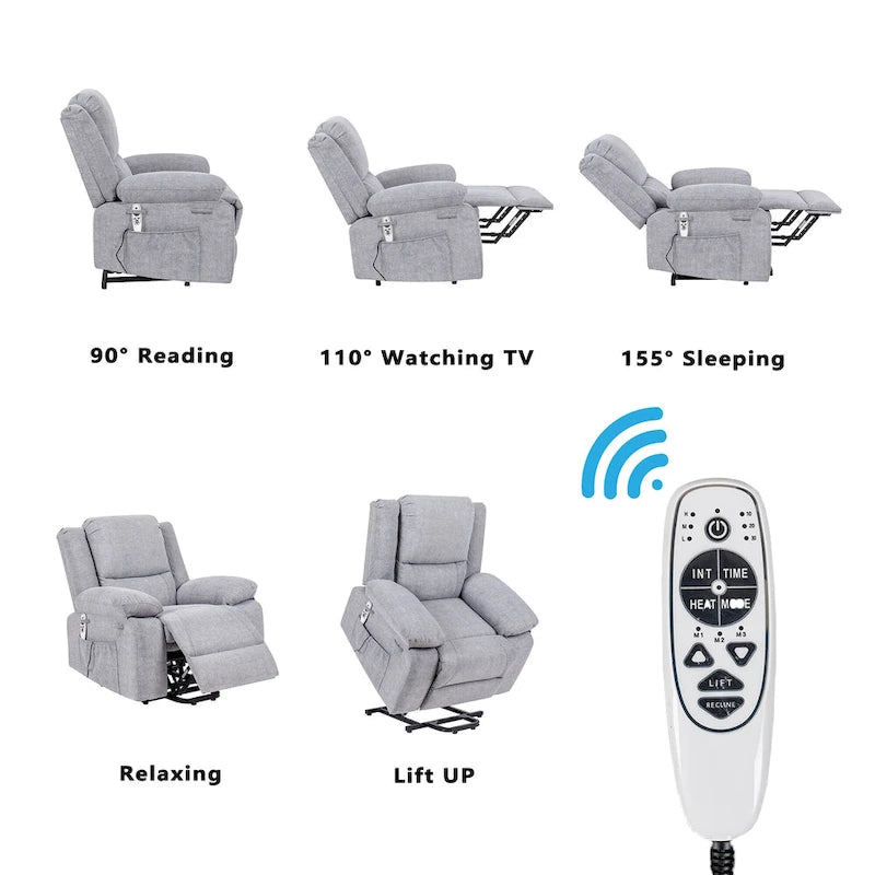 Fauteuil releveur électrique en velours gris clair avec points de massage, chauffage lombaire et poche de rangement