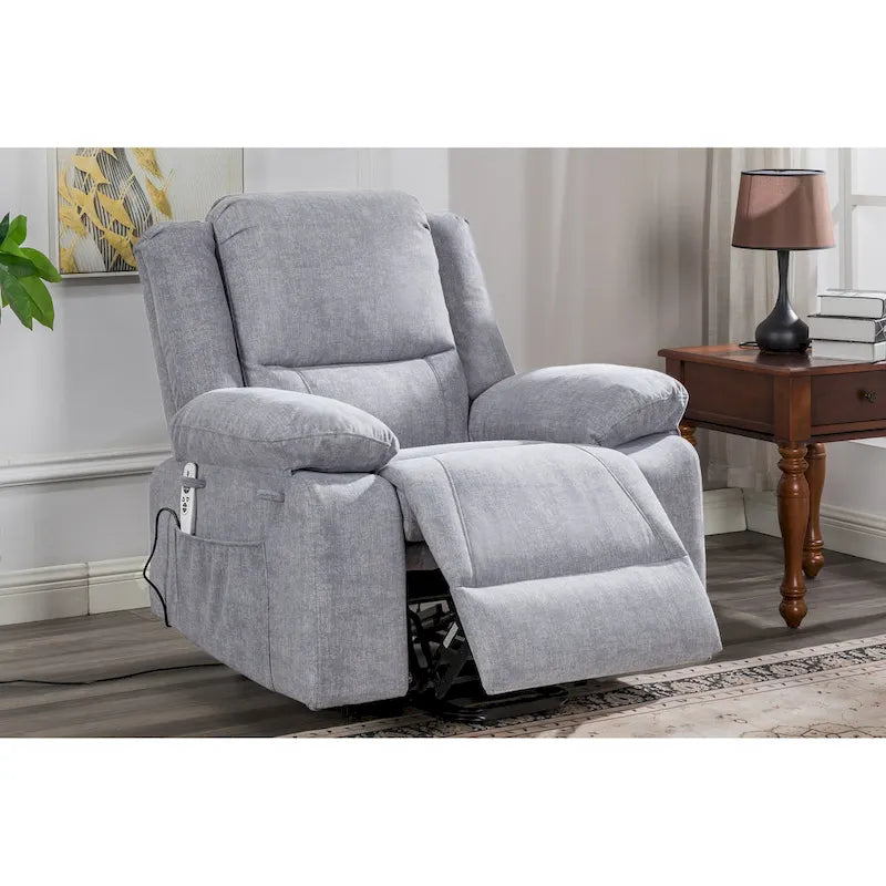 Fauteuil releveur électrique en velours gris clair avec points de massage, chauffage lombaire et poche de rangement