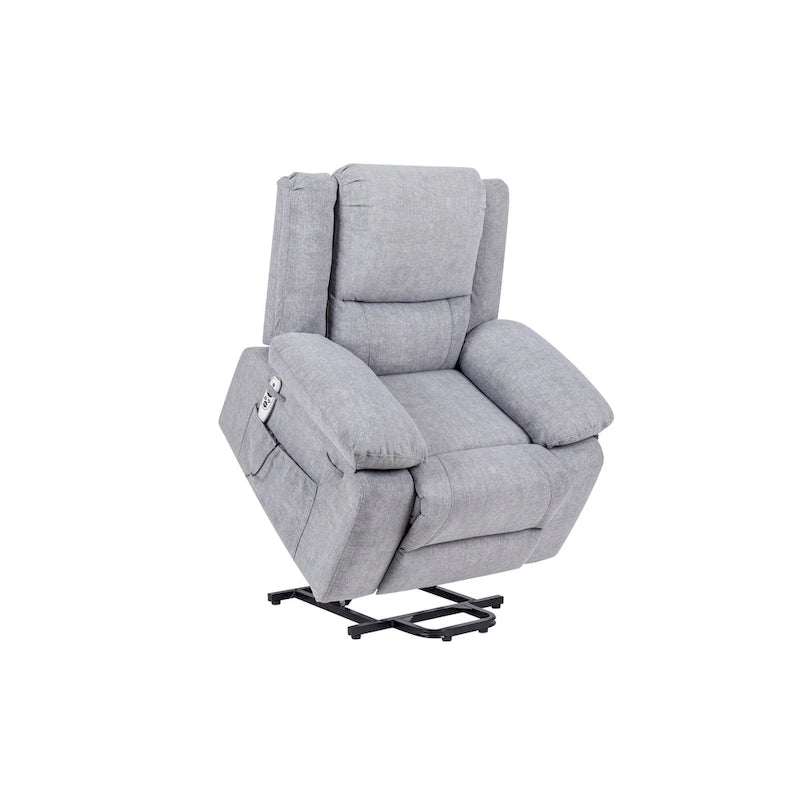 Fauteuil releveur électrique en velours gris clair avec points de massage, chauffage lombaire et poche de rangement