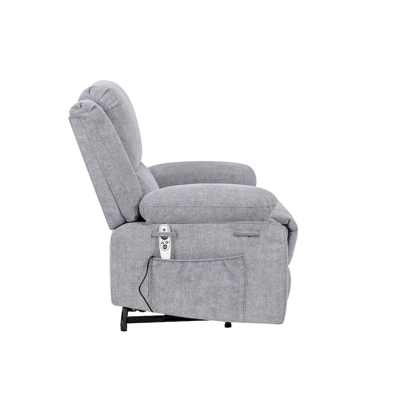 Fauteuil releveur électrique en velours gris clair avec points de massage, chauffage lombaire et poche de rangement