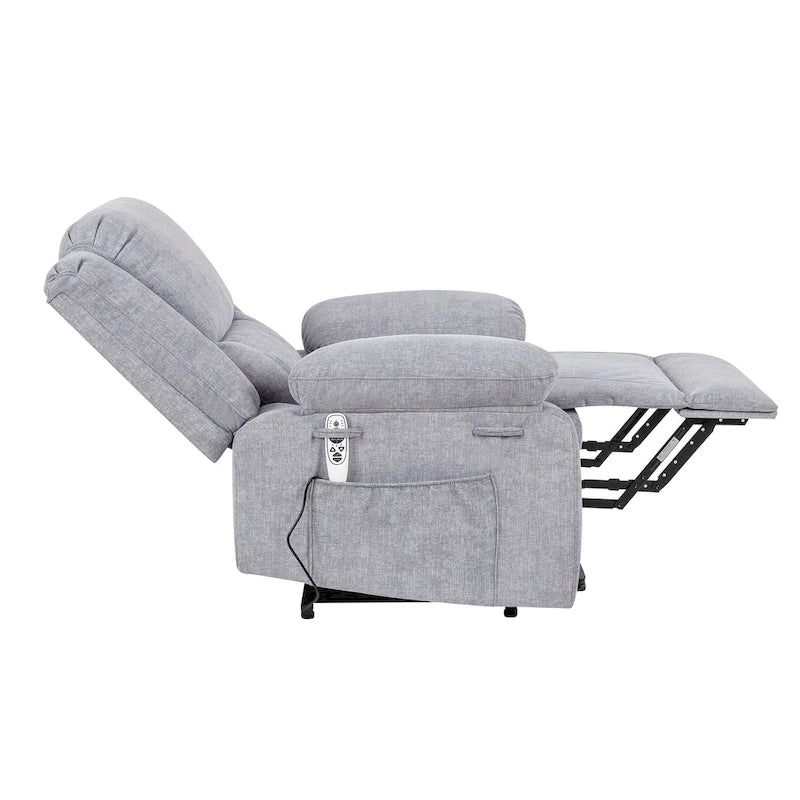 Fauteuil releveur électrique en velours gris clair avec points de massage, chauffage lombaire et poche de rangement