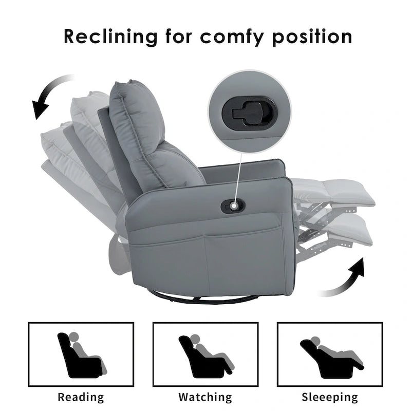 Fauteuil inclinable pivotant en cuir PU bleu-gris avec poches et dossier
