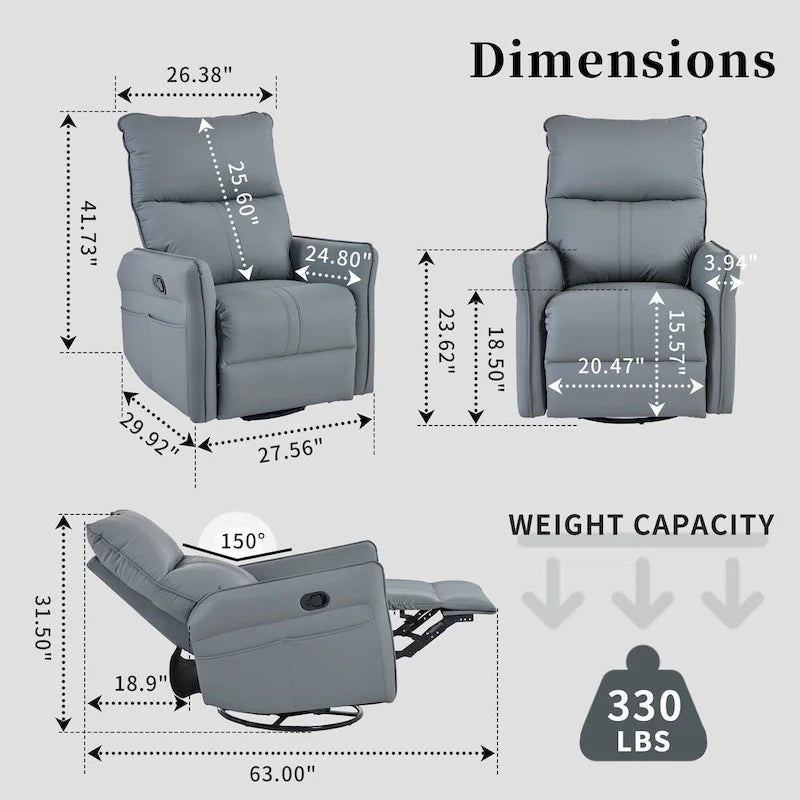 Fauteuil inclinable pivotant en cuir PU bleu-gris avec poches et dossier