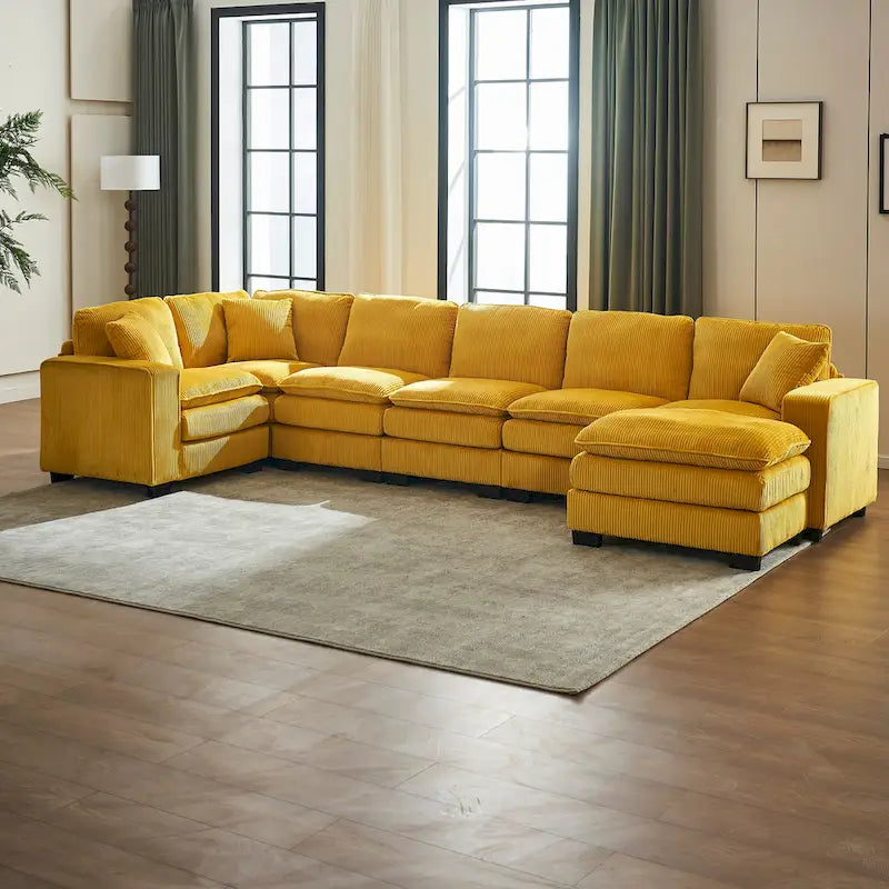 Canapé d'angle 6 places en forme de U, luxueux, jaune 118.1, avec pouf et 3 coussins décoratifs en velours côtelé résistant.