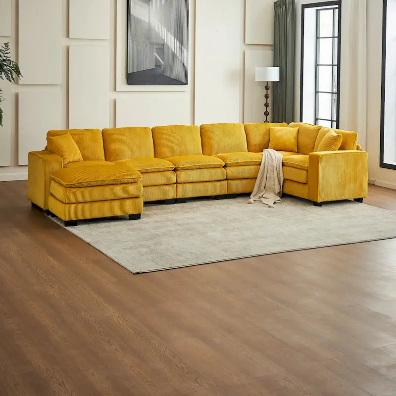 Canapé d'angle 6 places en forme de U, luxueux, jaune 118.1, avec pouf et 3 coussins décoratifs en velours côtelé résistant.