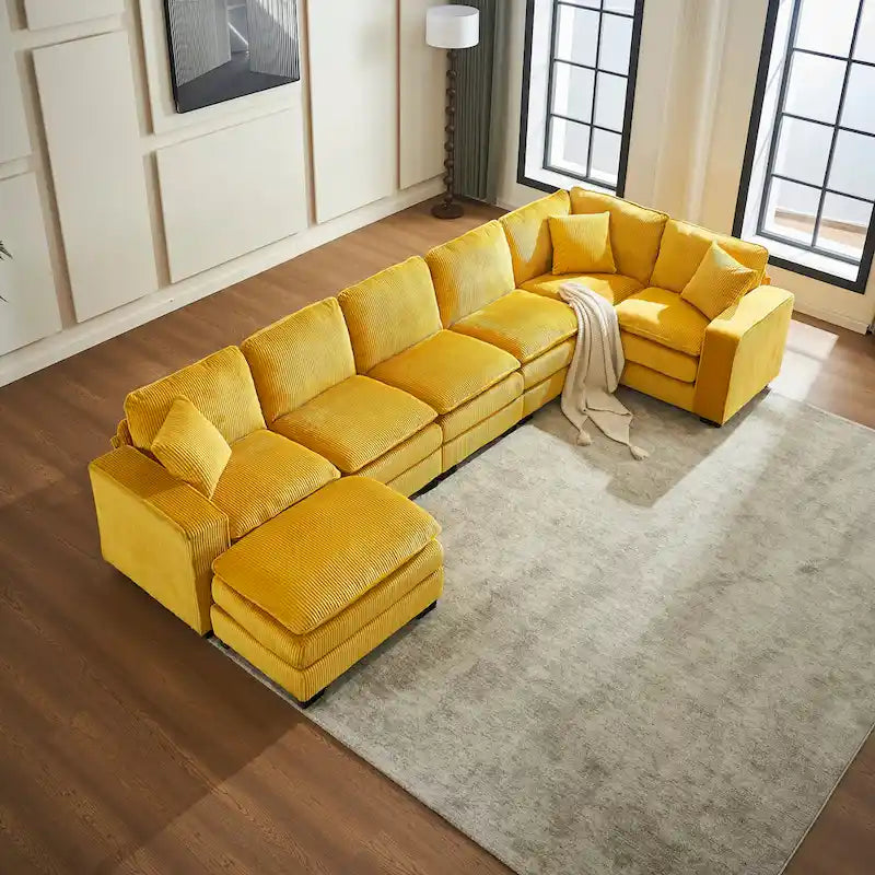 Canapé d'angle 6 places en forme de U, luxueux, jaune 118.1, avec pouf et 3 coussins décoratifs en velours côtelé résistant.