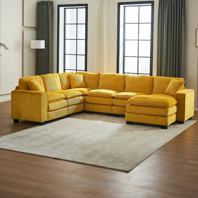 Canapé d'angle 6 places en forme de U, luxueux, jaune 118.1, avec pouf et 3 coussins décoratifs en velours côtelé résistant.