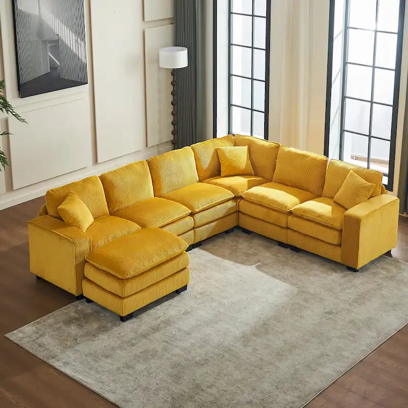 Canapé d'angle 6 places en forme de U, luxueux, jaune 118.1, avec pouf et 3 coussins décoratifs en velours côtelé résistant.