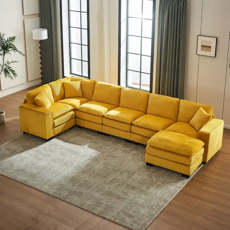 Canapé d'angle 6 places en forme de U, luxueux, jaune 118.1, avec pouf et 3 coussins décoratifs en velours côtelé résistant.