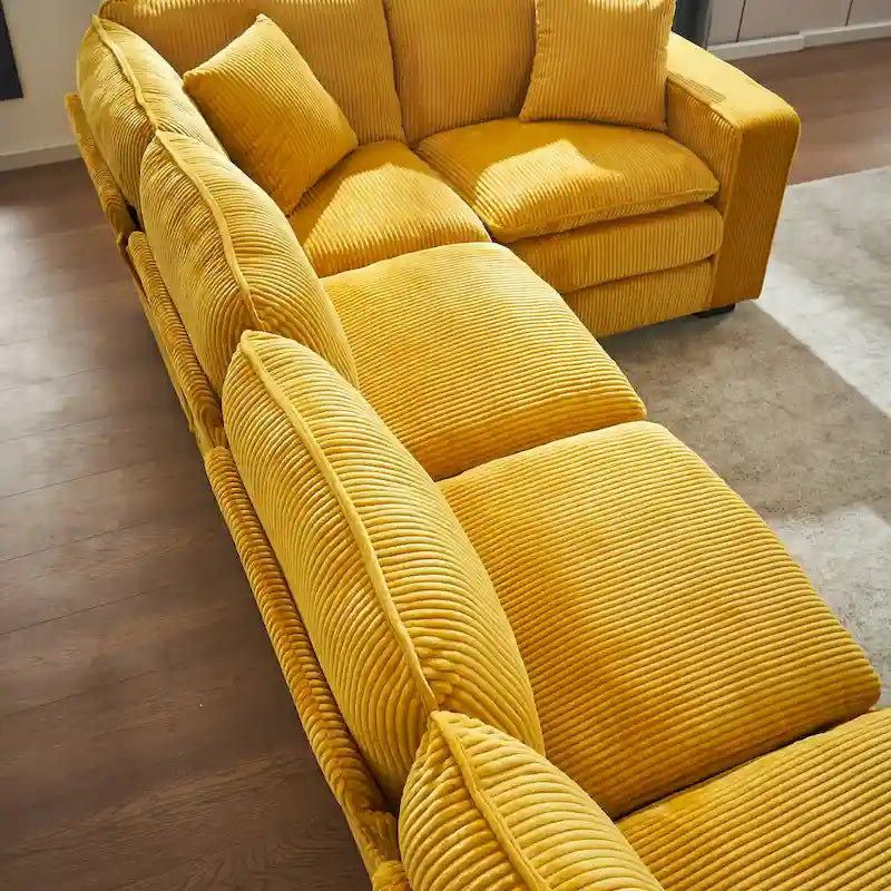 Canapé d'angle 6 places en forme de U, luxueux, jaune 118.1, avec pouf et 3 coussins décoratifs en velours côtelé résistant.