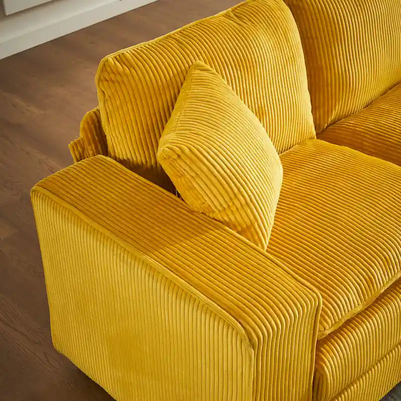 Canapé d'angle 6 places en forme de U, luxueux, jaune 118.1, avec pouf et 3 coussins décoratifs en velours côtelé résistant.