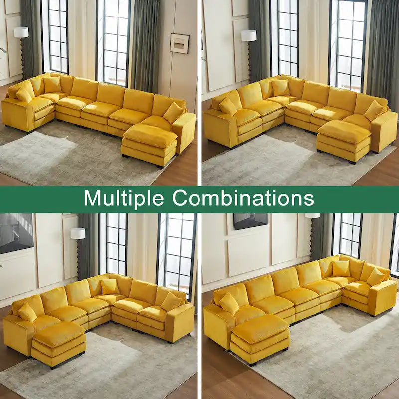 Canapé d'angle 6 places en forme de U, luxueux, jaune 118.1, avec pouf et 3 coussins décoratifs en velours côtelé résistant.