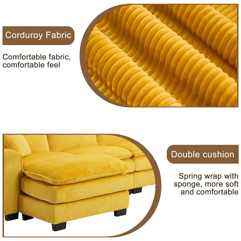Canapé d'angle 6 places en forme de U, luxueux, jaune 118.1, avec pouf et 3 coussins décoratifs en velours côtelé résistant.