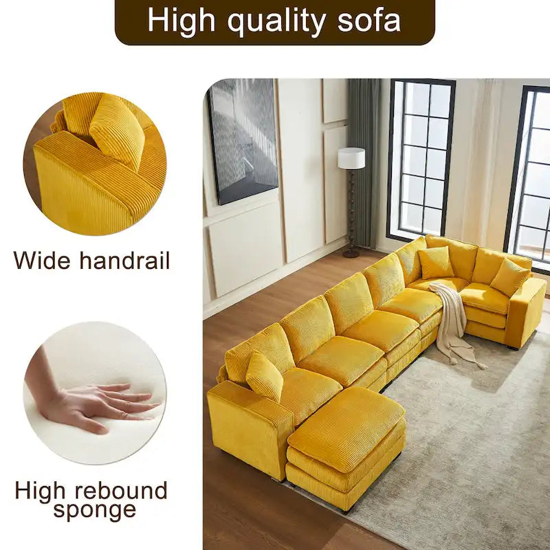 Canapé d'angle 6 places en forme de U, luxueux, jaune 118.1, avec pouf et 3 coussins décoratifs en velours côtelé résistant.