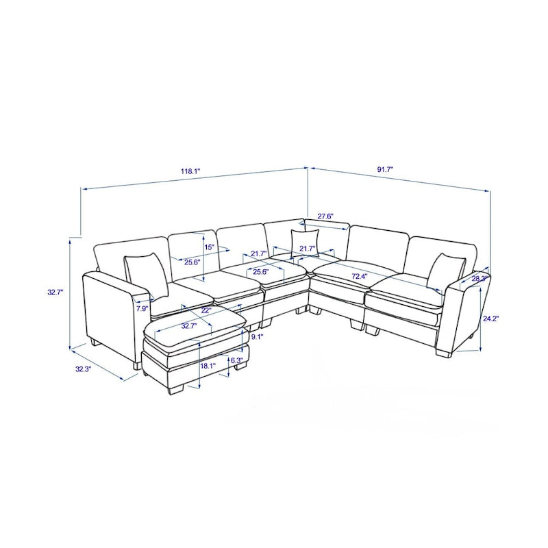 Canapé d'angle 6 places en forme de U, luxueux, jaune 118.1, avec pouf et 3 coussins décoratifs en velours côtelé résistant.
