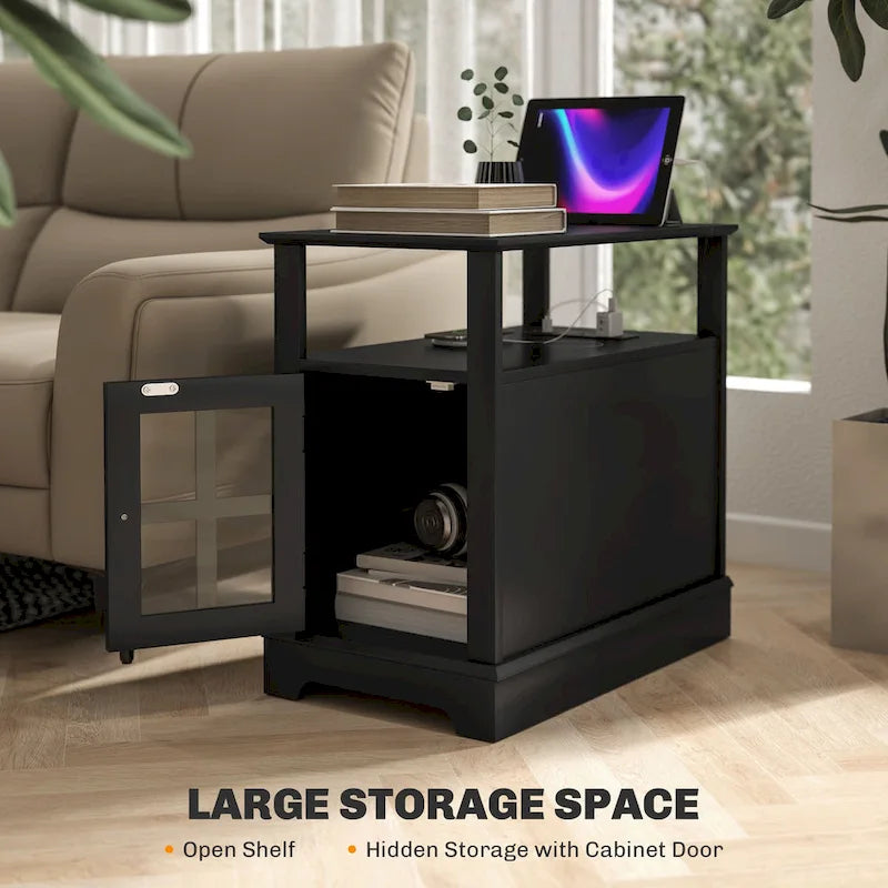 Table d'appoint avec station de recharge, table d'appoint étroite avec ports USB et prises électriques, petite table avec rangement dissimulé et étagère ouverte