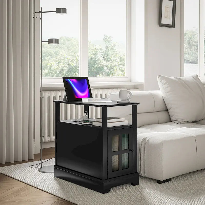 Table d'appoint avec station de recharge, table d'appoint étroite avec ports USB et prises électriques, petite table avec rangement dissimulé et étagère ouverte