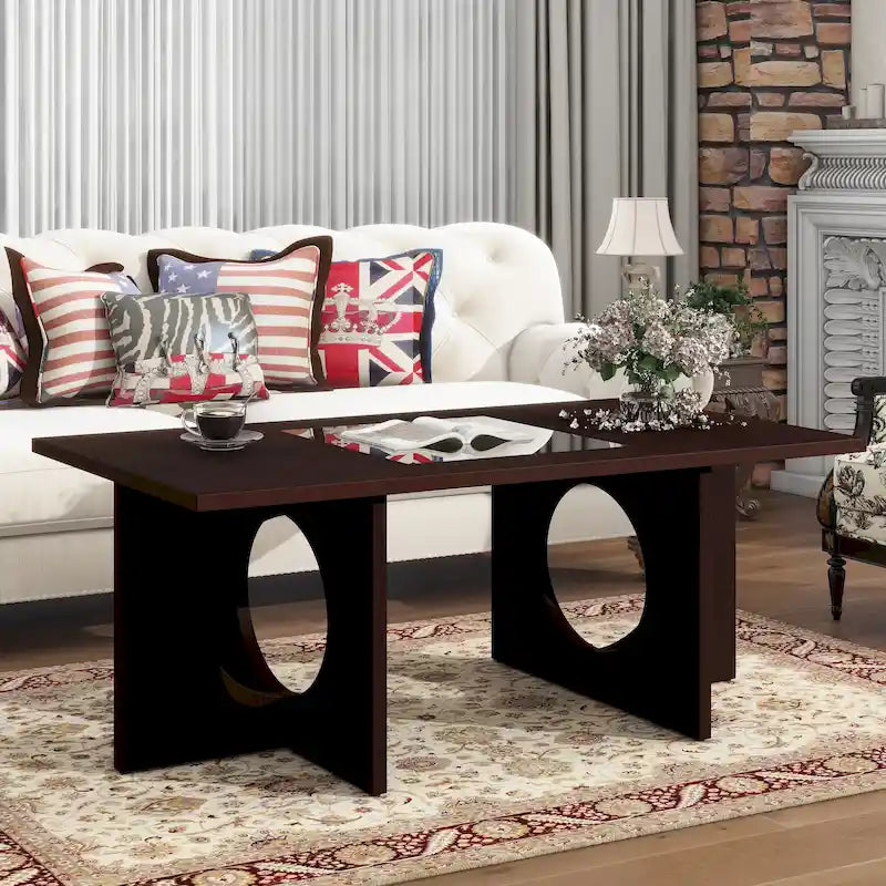 Table basse rectangulaire contemporaine en bois de 47 pouces avec plateau en verre trempé transparent, plateau noir et expresso clair