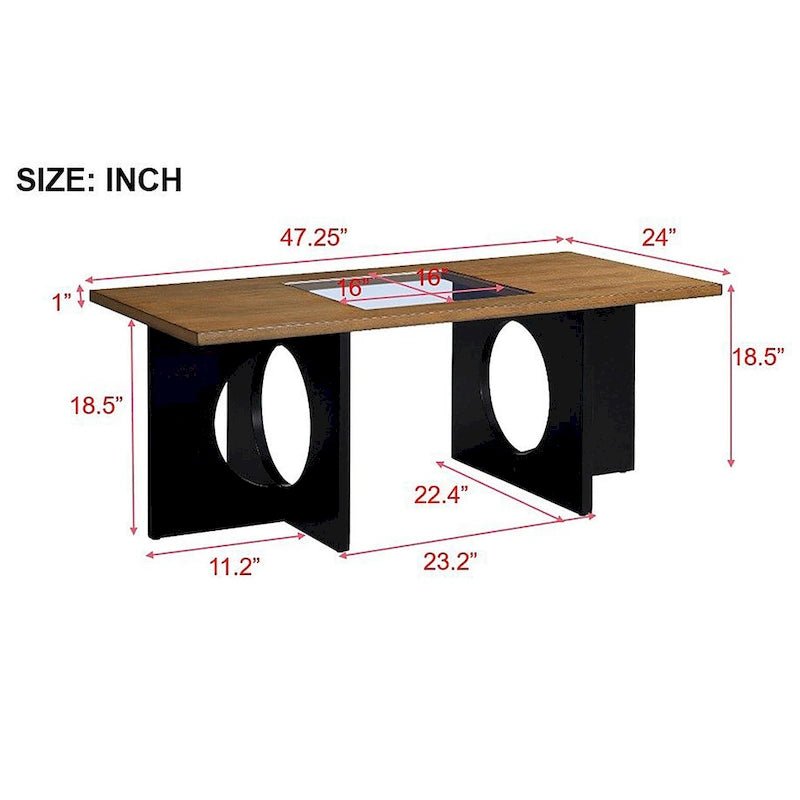 Table basse rectangulaire contemporaine en bois de 47 pouces avec plateau en verre trempé transparent, plateau noir et expresso clair