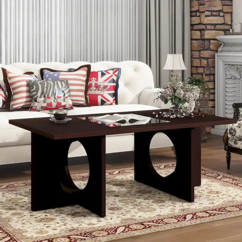 Table basse rectangulaire contemporaine en bois de 47 pouces avec plateau en verre trempé transparent, plateau noir et expresso clair