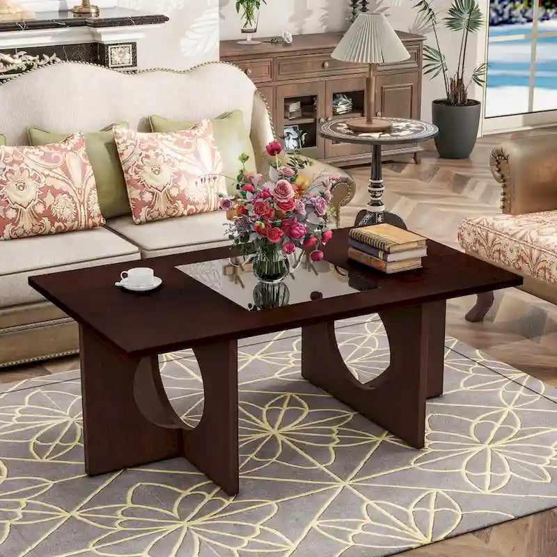 Table basse rectangulaire contemporaine en bois de 47 pouces avec plateau en verre trempé transparent, plateau noir et expresso clair