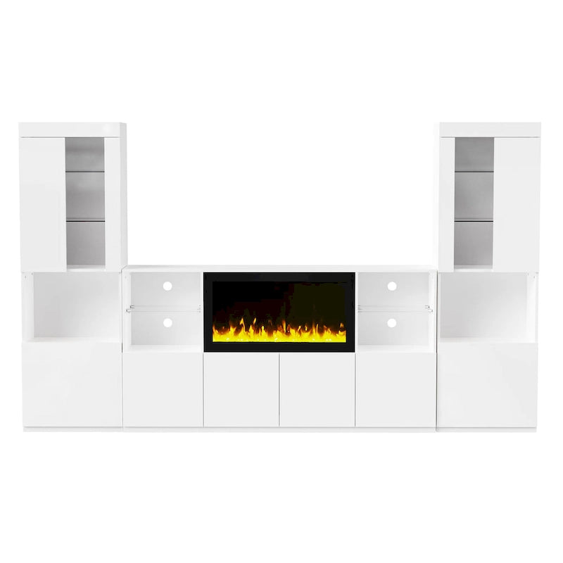 Meuble TV avec cheminée électrique non chauffante de 34,2 pouces, centre multimédia avec éclairage LED, étagères en verre trempé pour téléviseurs jusqu'à 75 pouces.