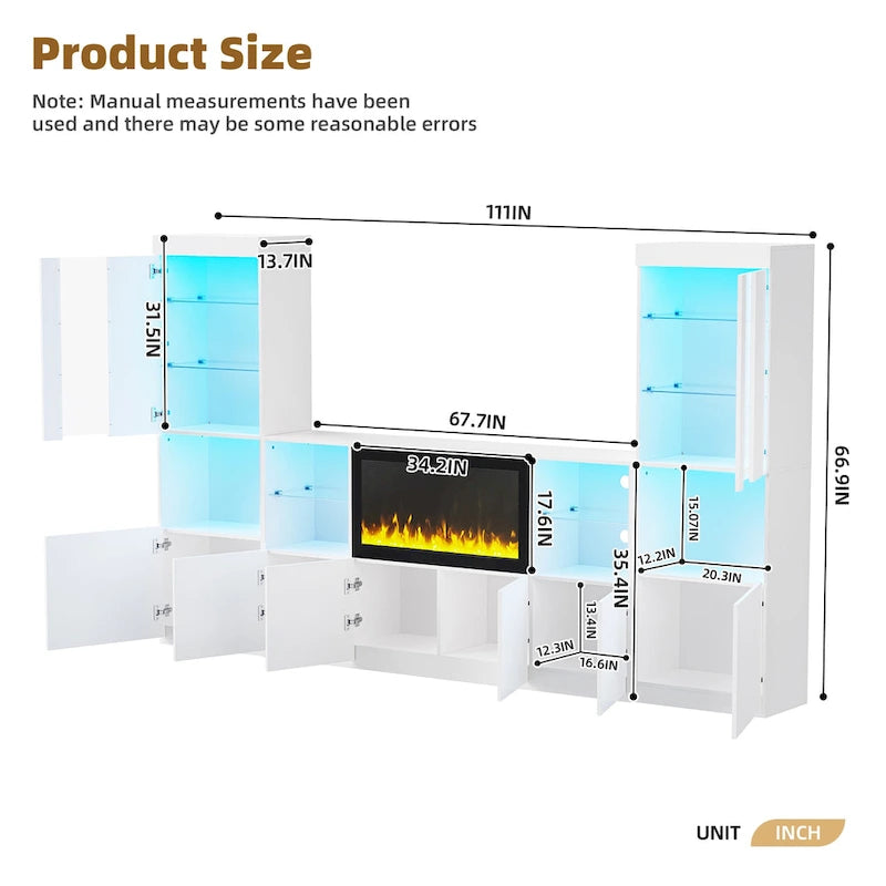 Meuble TV avec cheminée électrique non chauffante de 34,2 pouces, centre multimédia avec éclairage LED, étagères en verre trempé pour téléviseurs jusqu'à 75 pouces.