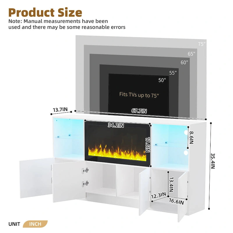 Meuble TV avec cheminée électrique non chauffante de 34,2 pouces, centre multimédia avec éclairage LED, étagères en verre trempé pour téléviseurs jusqu'à 75 pouces.