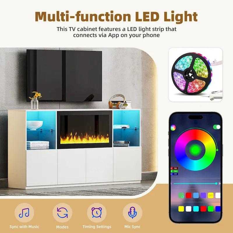 Meuble TV avec cheminée électrique non chauffante de 34,2 pouces, centre multimédia avec éclairage LED, étagères en verre trempé pour téléviseurs jusqu'à 75 pouces.