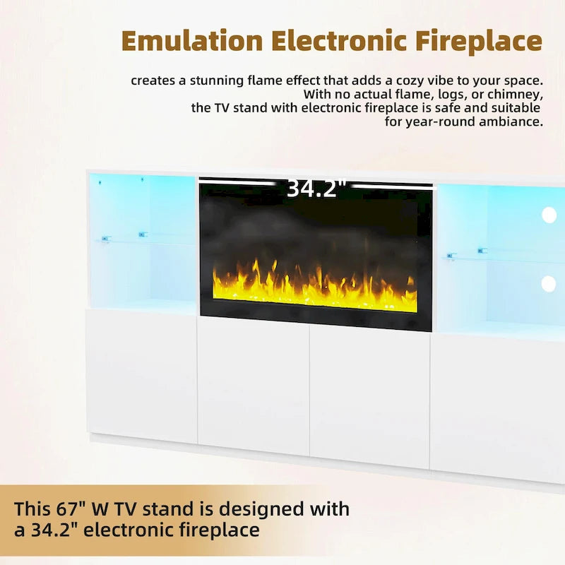 Meuble TV avec cheminée électrique non chauffante de 34,2 pouces, centre multimédia avec éclairage LED, étagères en verre trempé pour téléviseurs jusqu'à 75 pouces.