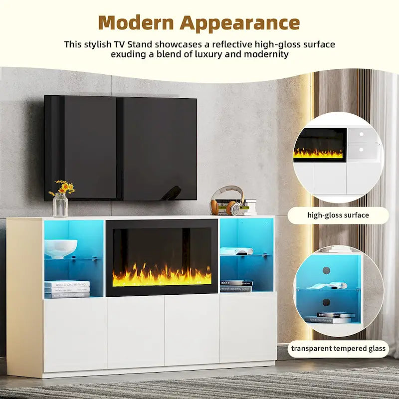 Meuble TV avec cheminée électrique non chauffante de 34,2 pouces, centre multimédia avec éclairage LED, étagères en verre trempé pour téléviseurs jusqu'à 75 pouces.