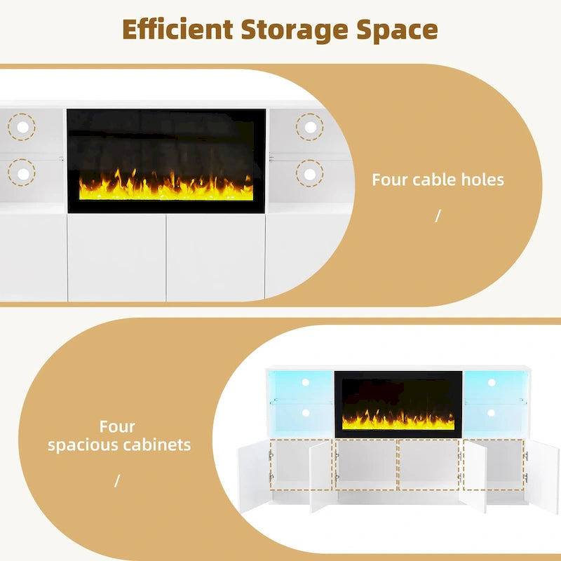 Meuble TV avec cheminée électrique non chauffante de 34,2 pouces, centre multimédia avec éclairage LED, étagères en verre trempé pour téléviseurs jusqu'à 75 pouces.