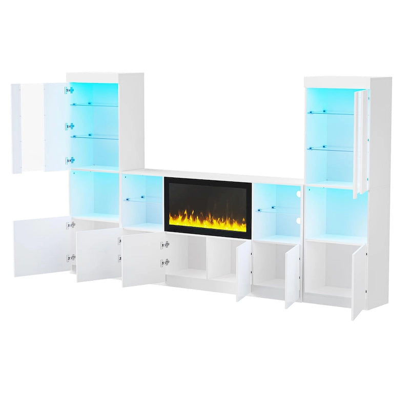 Meuble TV avec cheminée électrique non chauffante de 34,2 pouces, centre multimédia avec éclairage LED, étagères en verre trempé pour téléviseurs jusqu'à 75 pouces.