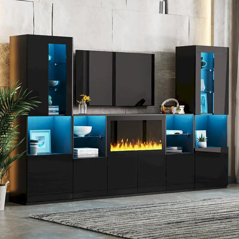 Meuble TV avec cheminée électrique non chauffante de 34,2 pouces, centre multimédia avec éclairage LED, étagères en verre trempé pour téléviseurs jusqu'à 75 pouces.